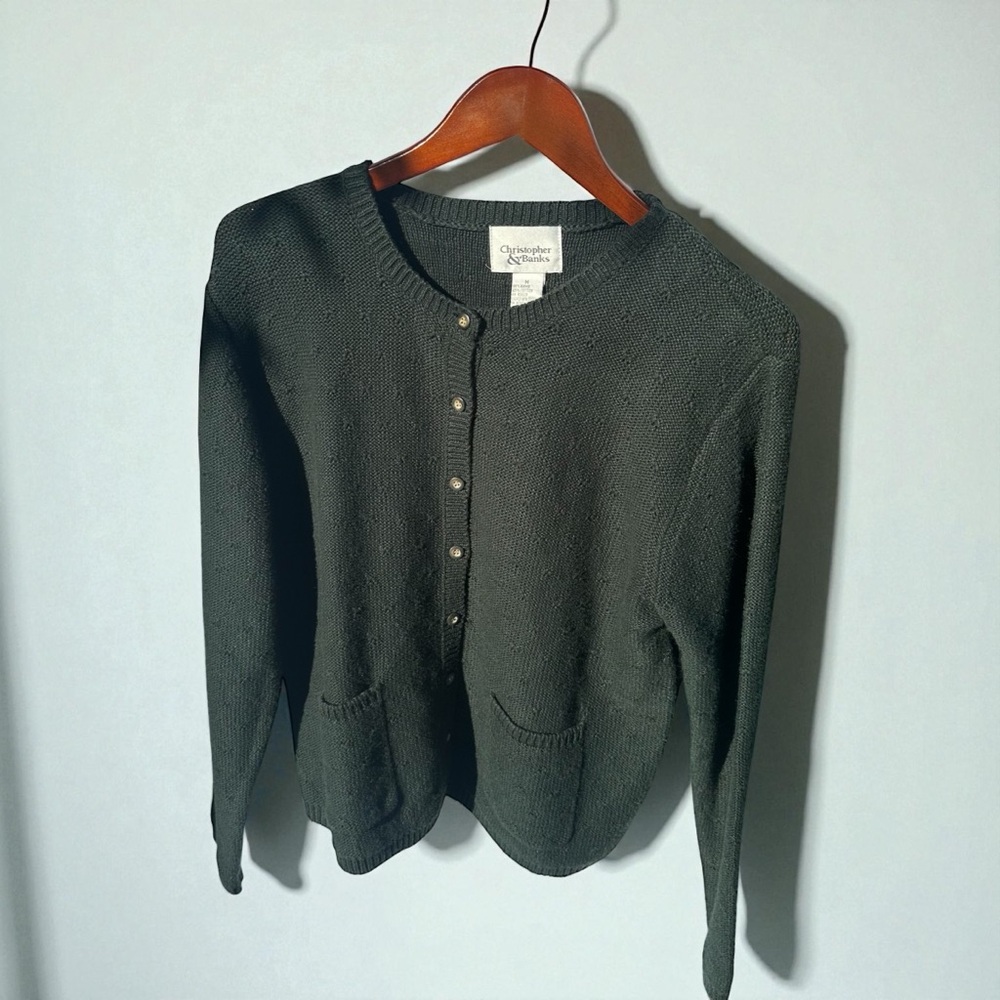 Christopher & Banks Dark Green Cardigan Sweater Fall Long Sleeve Womens Size Med